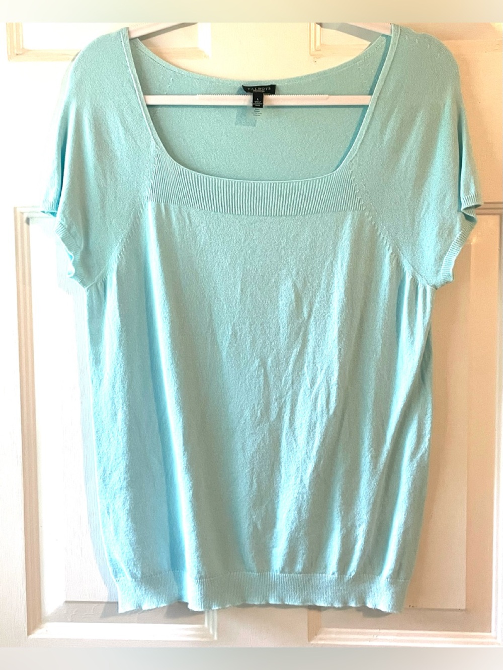 Talbots Seafoam Blue Square Neck Short Sleeve Ribbed Lightweight Sweater Large